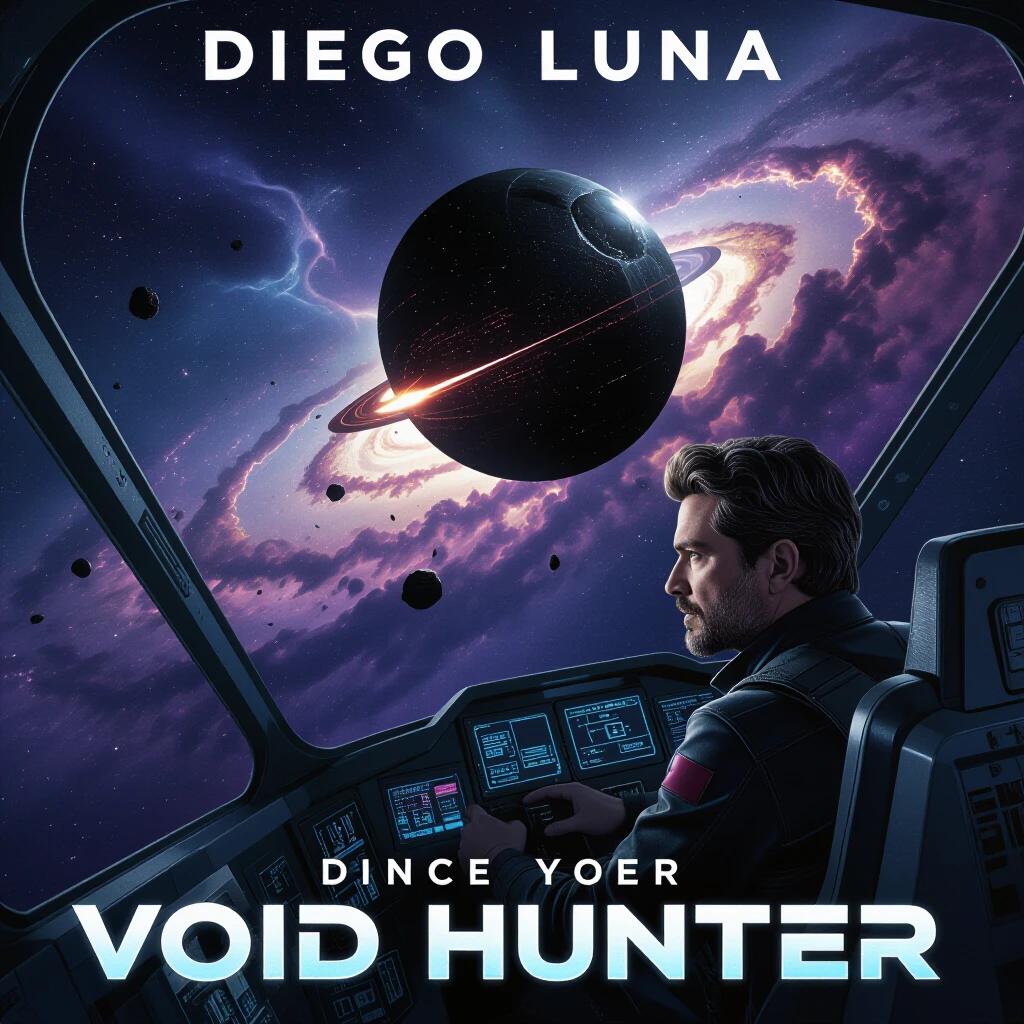 Diego Luna pilots a starfighter in a cockpit. Dark sphere appears as a black hole near Jupiter. Nebula backdrop filled with colorful clouds. Energy weapon pulses. UI flickers in dim light.