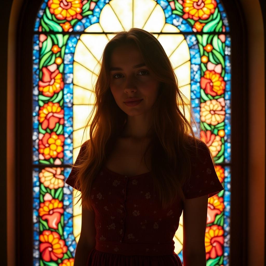 A young woman with long hair stands in front of a stained glass window. The artwork reflects the illustration style of classic books, reminiscent of Charlie and the Chocolate Factory.