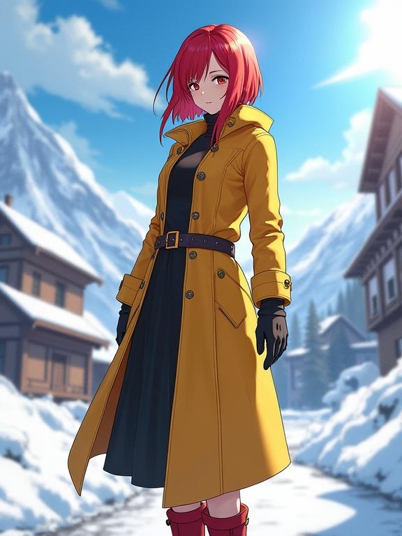 Anime character standing on snowy road wearing a yellow leather coat. Character has red hair and black gloves. Background features snowy mountains and a village under a blue sky with sunlight.