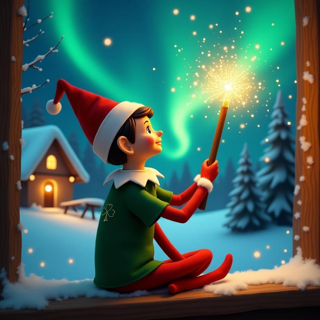 Elf sits on a window ledge. Elf gazes at colorful northern lights. Holding a glowing wand. Cozy house in the background. Snow covered ground. Elf wears green shirt with gold clover. Name 'Cardinal Carter' appears from wand.