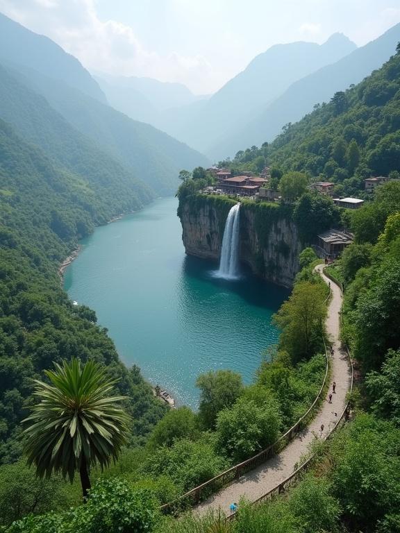 A serene mountaintop lake surrounded by lush greenery. The lake is perched on a cliff's edge. A waterfall cascades into the valley below. Small houses and palm trees enhance the landscape's charm. Misty mountains are in the background, creating a dreamy atmosphere. Visitors stroll along a winding path encircling the lake, enjoying the beauty and panoramic views.