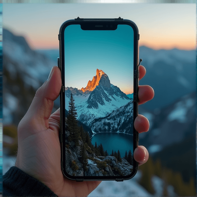 A hand holds a phone displaying a mountain landscape, blending it with the background scenery.