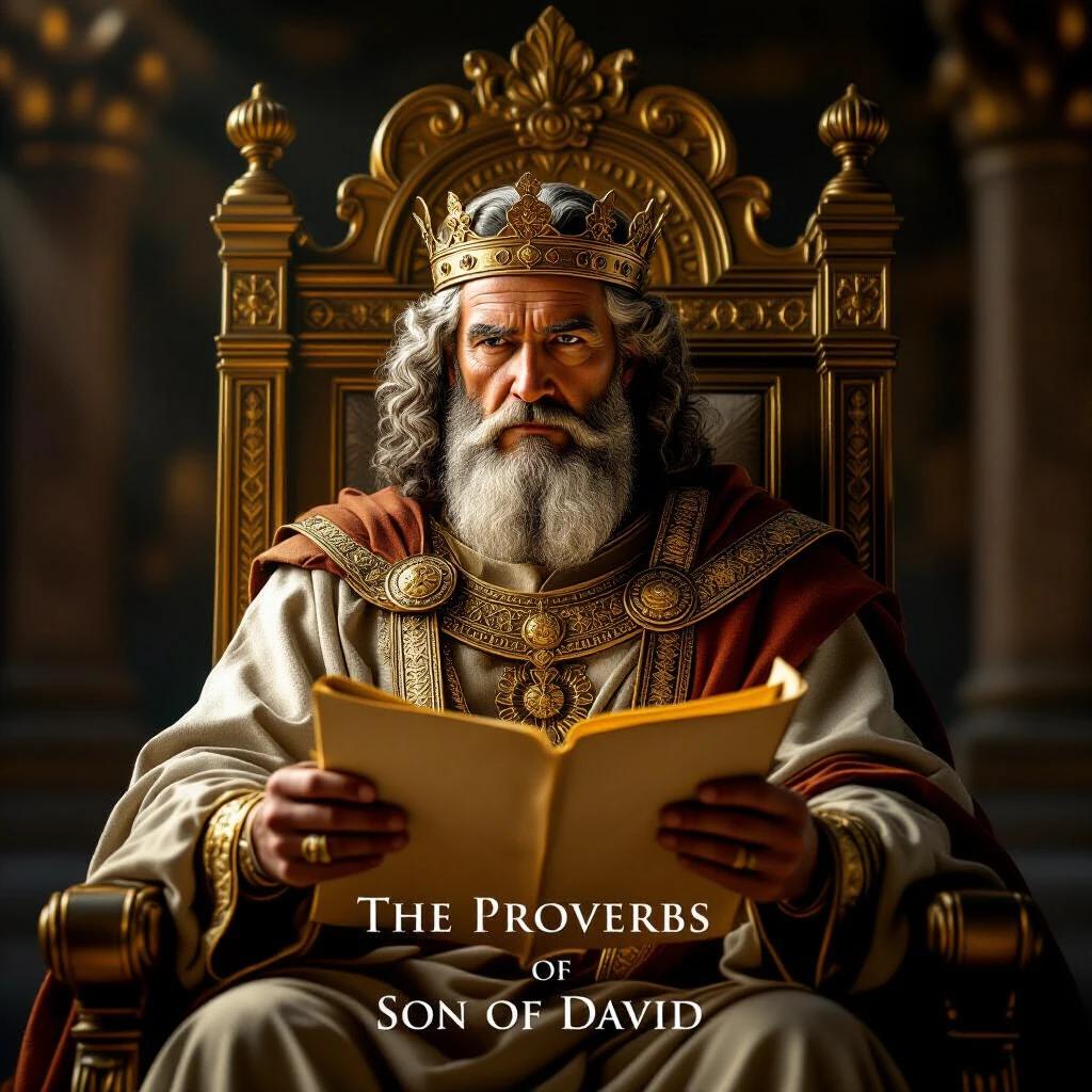 A majestic figure sits on a stone throne with golden details. The figure holds an open scroll. Light falls across the hands and face of the king. The expression on the king's face is calm and wise. The visual style showcases epic realism with earthy colors and historically accurate details.
