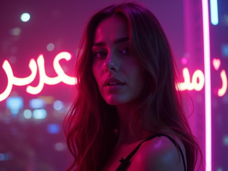 Dramatic and emotional Arabic pop music thumbnail featuring glamorous Arab woman with long hair standing under neon lights. Looking intensely at the camera with tears, bold attitude. Background shows night cityscape with blurred lights. Large glowing Arabic text overlay 'ما بَدّي أنسى'. Add musical notes and heart shapes. Cinematic lighting and vibrant colors.