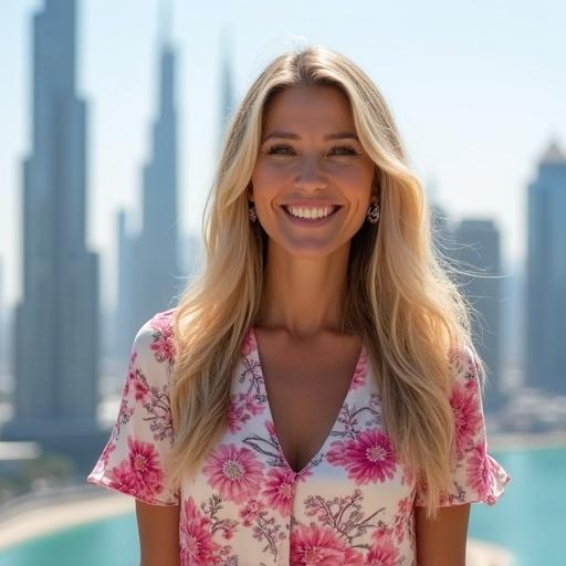 Photograph of a woman with long blonde hair smiling. She wears a floral dress with pink and white flowers. Dubai skyline is in the background. Scene is bright and cheerful. Focus on the subject with shallow depth of field.