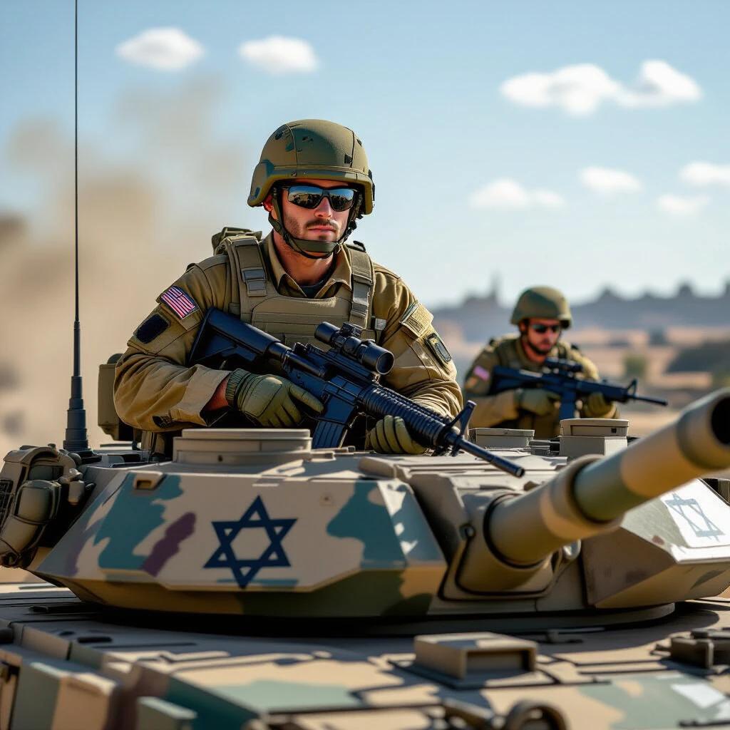 Realistic soldier operates a tank in Israel. The soldier is on top of a military tank showing strong military presence. Background depicts a desert landscape with blue sky and soft clouds.