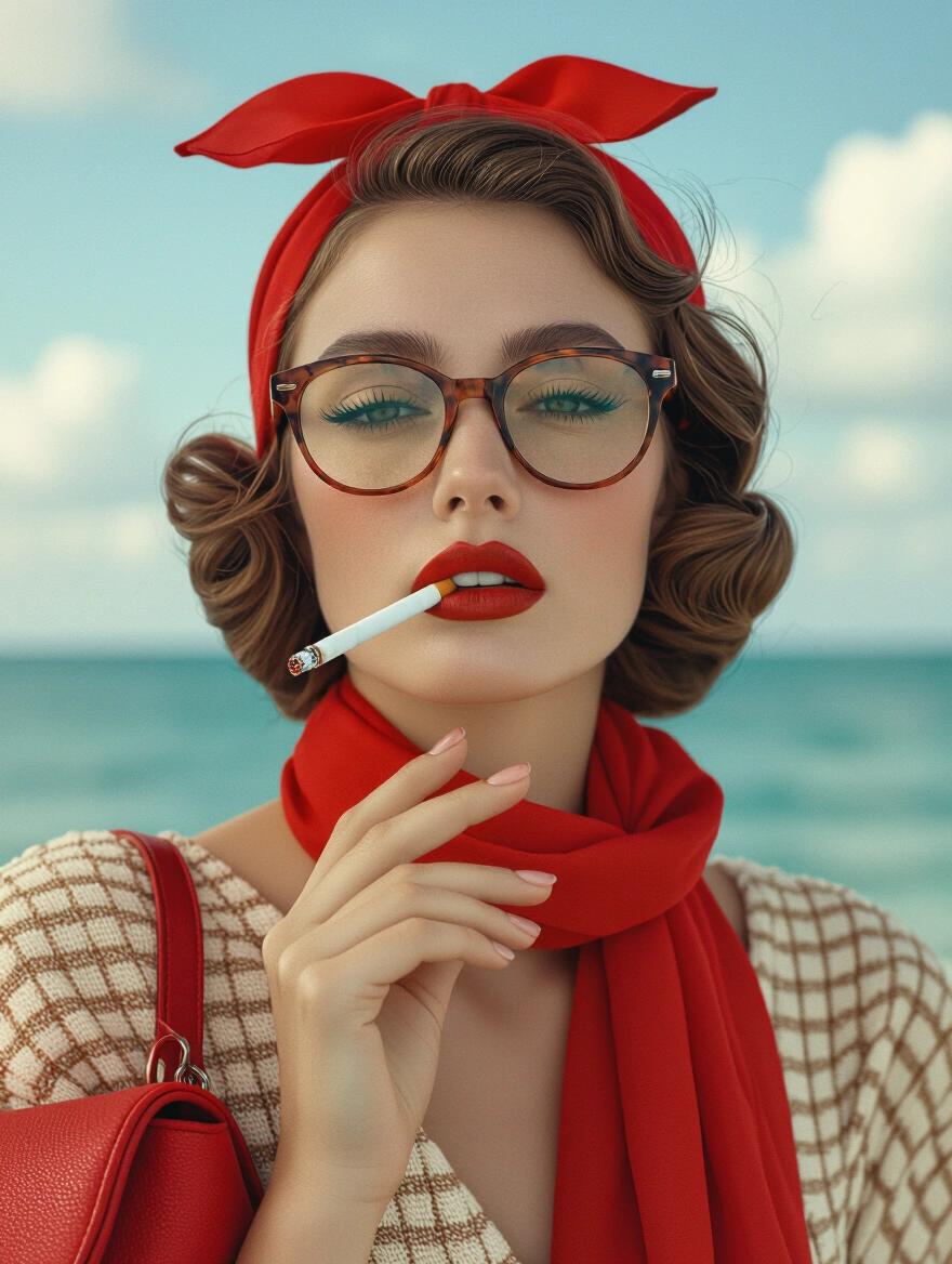 A vintage summer scene featuring a woman styled in a 1940s fashion. She holds an unlit cigarette with a red scarf wrapped around her head. A large red bag drapes on her shoulder. The background showcases a beautiful sea under a bright sky. The image has a sepia tone, evoking a classic photo feeling. The shot is medium, focusing on the woman's chic appearance with vintage elements.