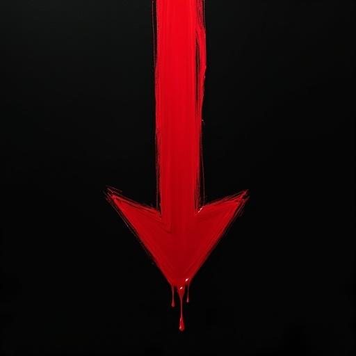 A long down arrow rendered in dark red ink or paint on black. Visible brushstrokes and imperfect edges for a hand-painted effect. Organic imperfections along the outline of the arrow.
