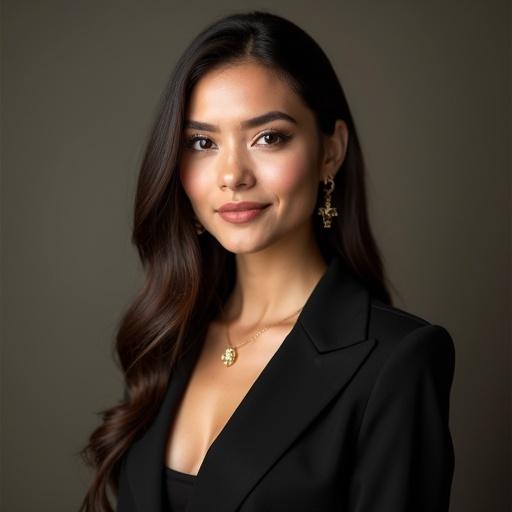 Create  a competent and elegant female host. She has a dignified and refined overall appearance. She wears a black outfit with gold jewelry. She displays a confident poise.