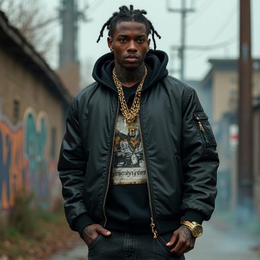 Male popstar in late 20s with dark brown skin and hazel eyes. Short dreadlocks tied back with face tattoos on left eye and neck. Wears black leather bomber jacket over distressed graphic hoodie. Baggy dark jeans and heavy combat boots. Stands in gritty urban setting with graffiti and smoke. Intense look with cinematic lighting.