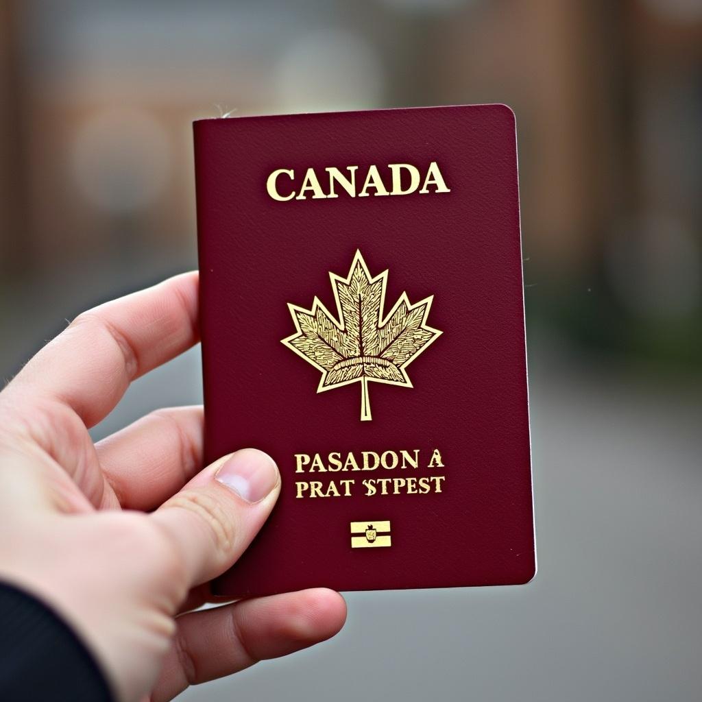 Close-up of a Canadian passport held in a hand. Passport features a gold maple leaf emblem. Background is blurred. Soft natural lighting.