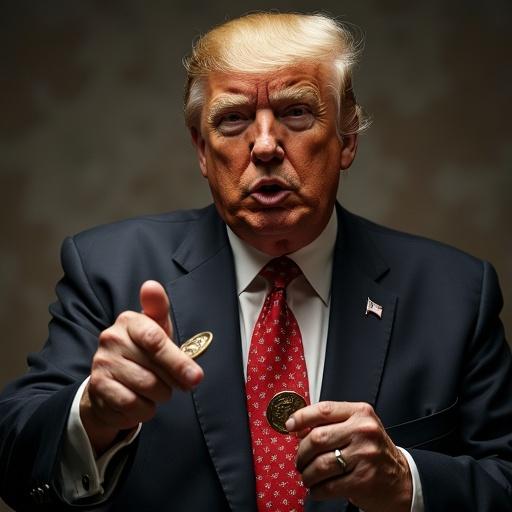 Trump depicted as a conman holding dubious coins with a sinister look