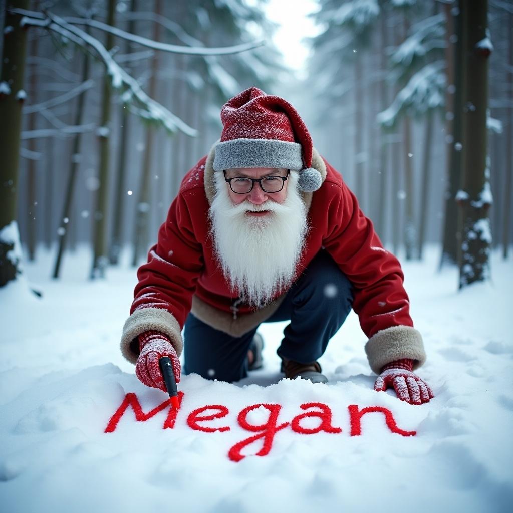 A cheerful Santa Claus is kneeling in a snowy forest, writing the name 'Megan' in bright red on the pristine snow. The scene is filled with tall, snow-covered trees, creating a magical winter atmosphere. Santa, with his iconic long white beard and glasses, embodies the holiday spirit as he adds a personal touch to the snowy landscape. Snowflakes gently fall around him, enhancing the enchanting feel of the moment. The image captures the essence of joy and personalization associated with the Christmas season.