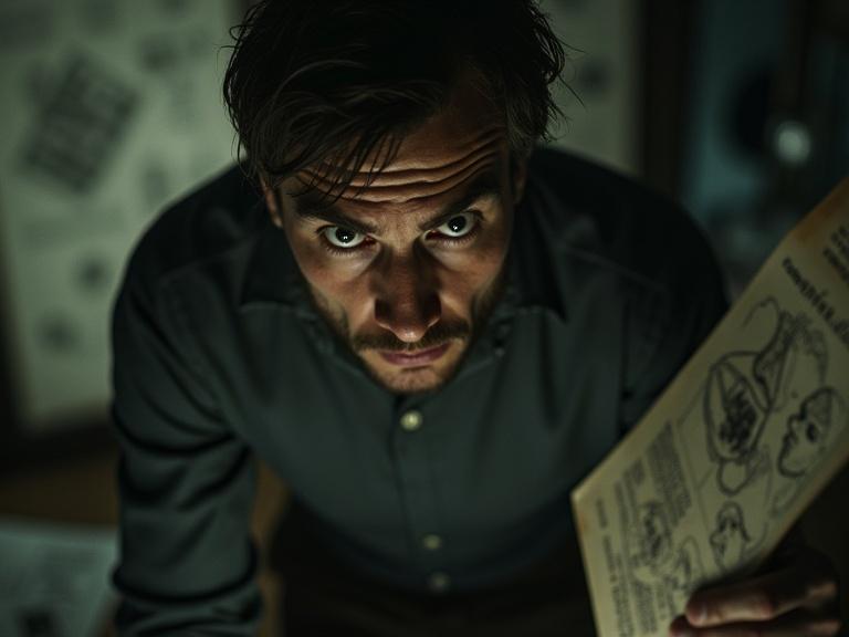 Disturbing close-up portrait of a man with wild eyes. Surrounded by sketches and conspiracy notes. Dim lighting enhances psychological thriller tone. Shadowy lab background reflects 1940s style realism.