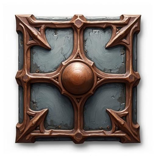 Icon created for an ancient battle shield designed for a card game. Gray and brown colors with a transparent background. Sized 48 x 48 pixels. Styled like World of Warcraft.