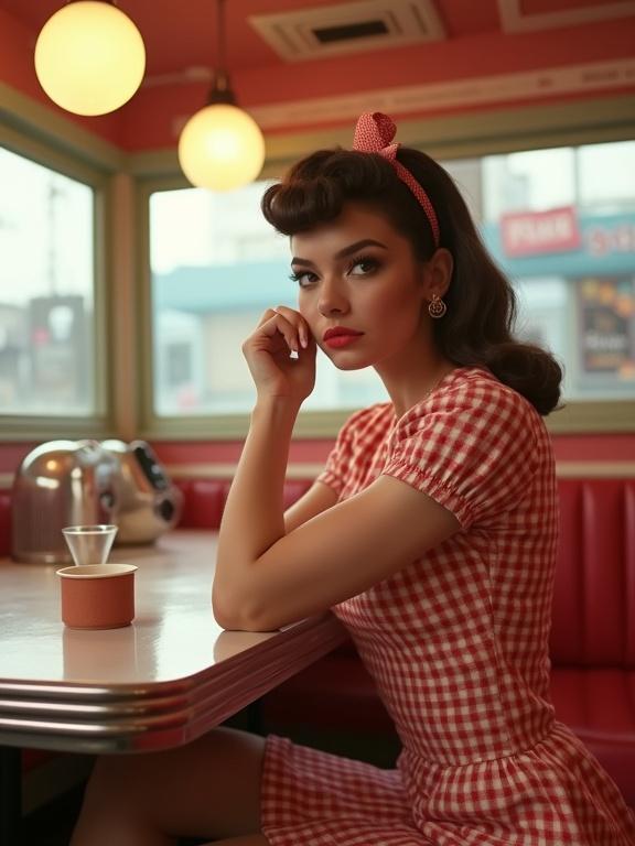 A woman in a vintage pinup outfit sitting at a diner table. Her hair styled in retro waves. She looks thoughtfully, hand on her chin with an elegant expression. A glass sits on the table. Soft lighting creates a warm atmosphere.