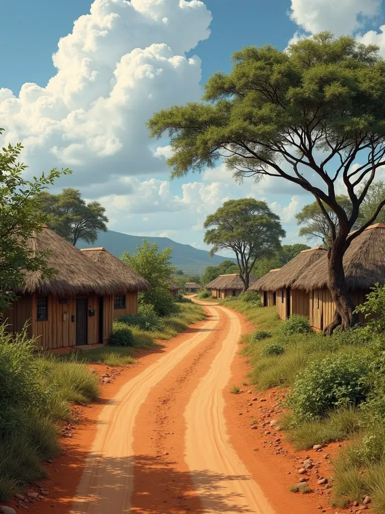 Village setting in Africa features untarred roads with huts surrounded by bushes and large trees. Bright and sunny atmosphere with an inviting landscape. Focus on pathway leading through the village.