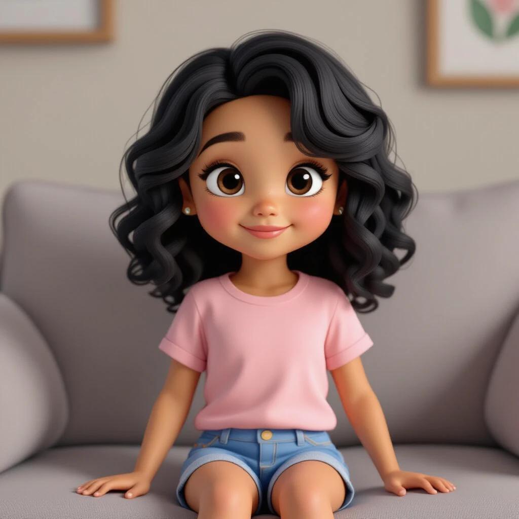 3D generated Disney styled image of a little girl with light brown tan skin and black wavy hair wearing a solid pink shirt and blue shorts. She is sitting on a gray couch in a cozy living room.