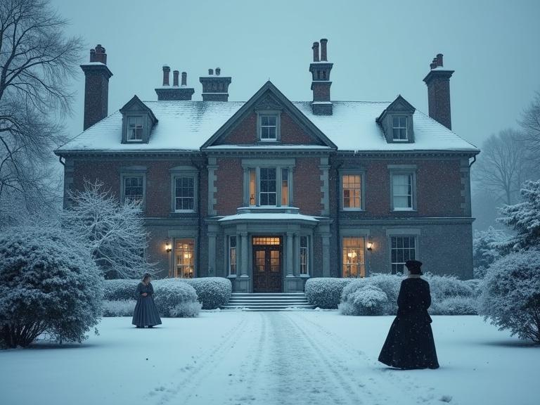 A snowbound English manor house with a grand façade. Warm lights glow from its windows. A group of strangers gathered inside. Tension fills the air due to a storm outside. Secrets and unease dominate the atmosphere. Awareness of a murderer among them.