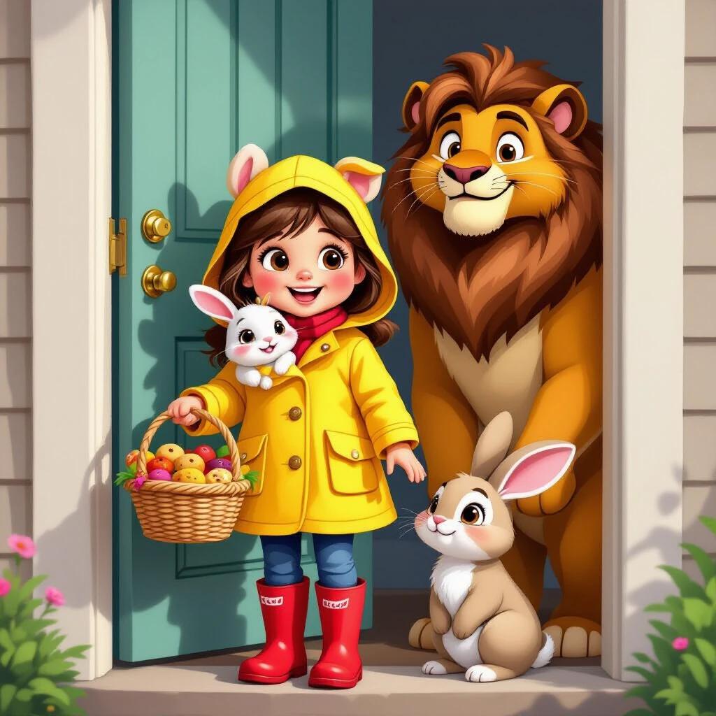 Brightly smiling child in a cozy scene. Yellow raincoat on the child. Holding a basket in both hands. A small rabbit peers from the hood. A lion stands nearby holding a green umbrella. A bear is inside the door holding it open. Warm interior with a picnic basket. Raindrops outside create a whimsical adventure atmosphere. Soft ambient lighting enhances the cozy feel.