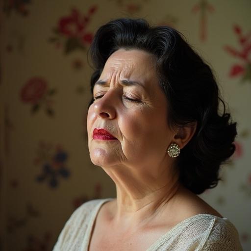 Portrait of a middle-aged woman with classic hairstyle wearing diamond earrings. She displays emotions of shyness and pain. Her eyes are closed, lips are red, and she has facial wrinkles. The background features floral wallpaper. The perspective shows her in side view, with a delicate nose.