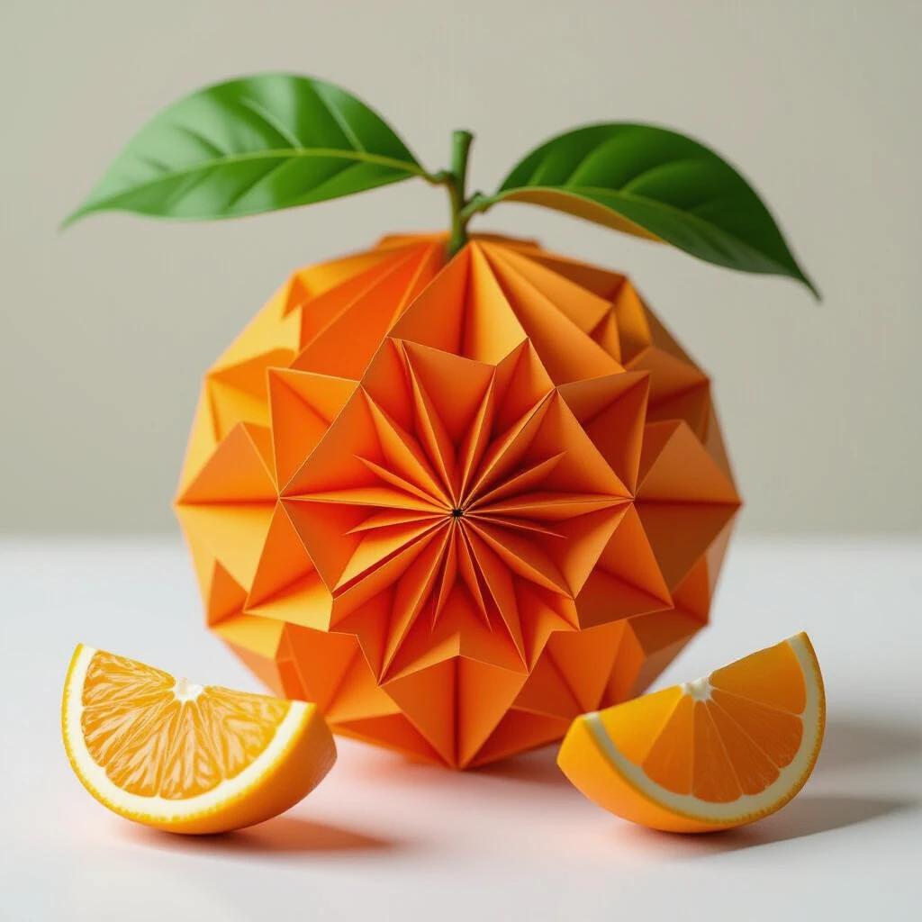 A perfectly spherical orange made from vibrant orange origami paper. The orange is folded meticulously. It sits on a table next to partially unfolded slices, showcasing intricate geometric patterns. The contrast between organic form and precise folds is highlighted.