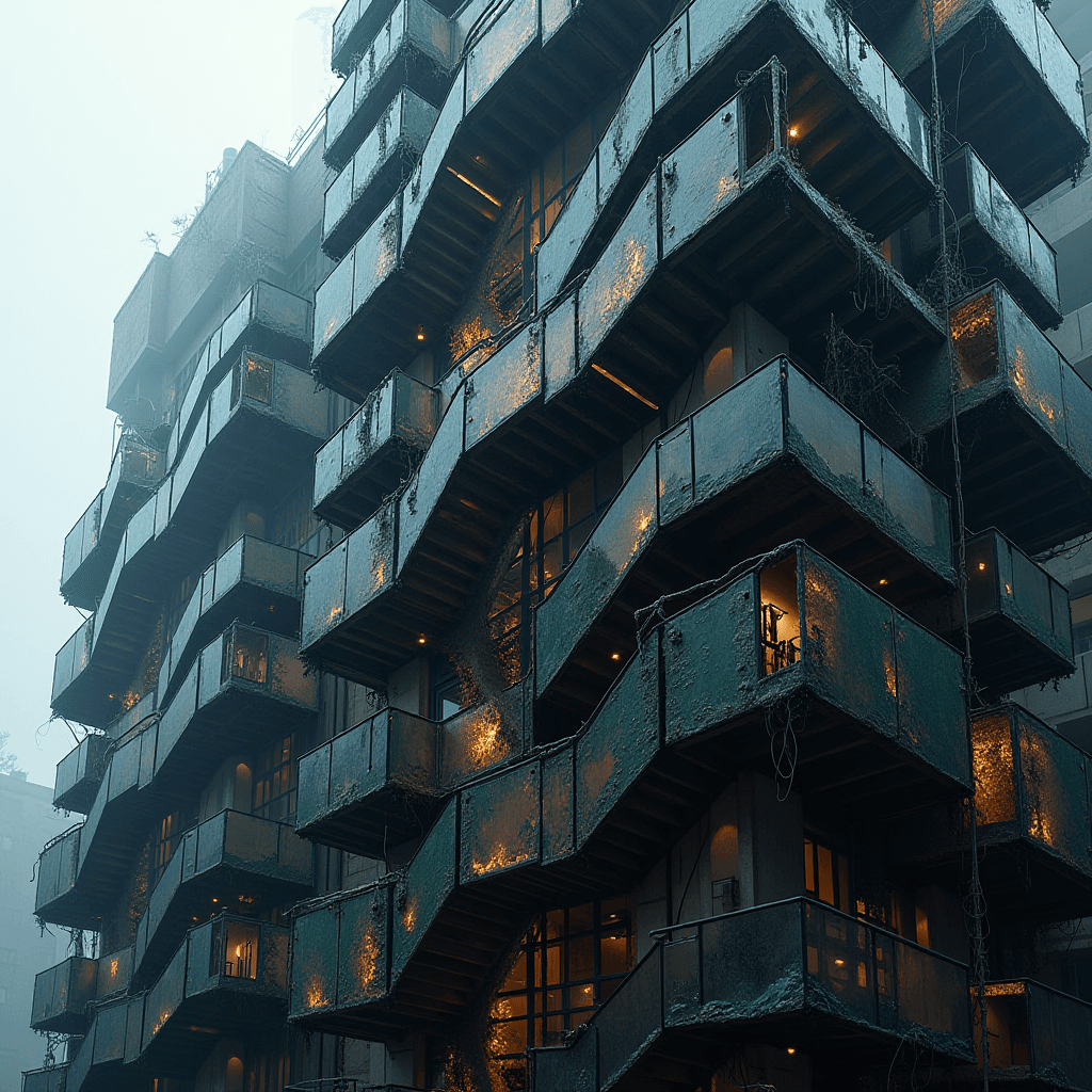 An abstract architectural facade featuring zigzagging balconies illuminated in a moody, misty setting.