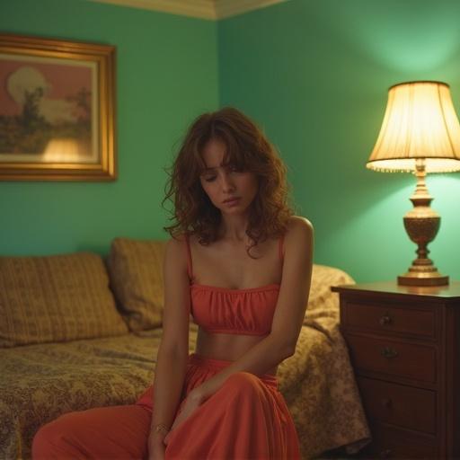 A woman sitting in a motel room. She wears an orange outfit. The room has teal walls and a warm lamp. The decor is vintage. The scene conveys a sense of nostalgia.