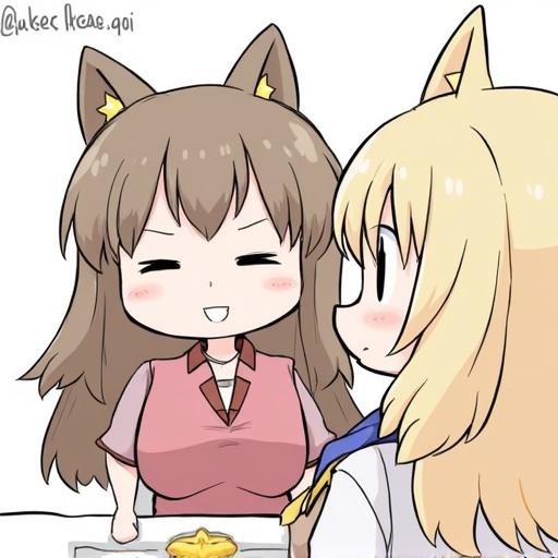 Illustration of two characters in a friendly scene. One character is wearing a girlish outfit. The style is typical of manga or anime art.