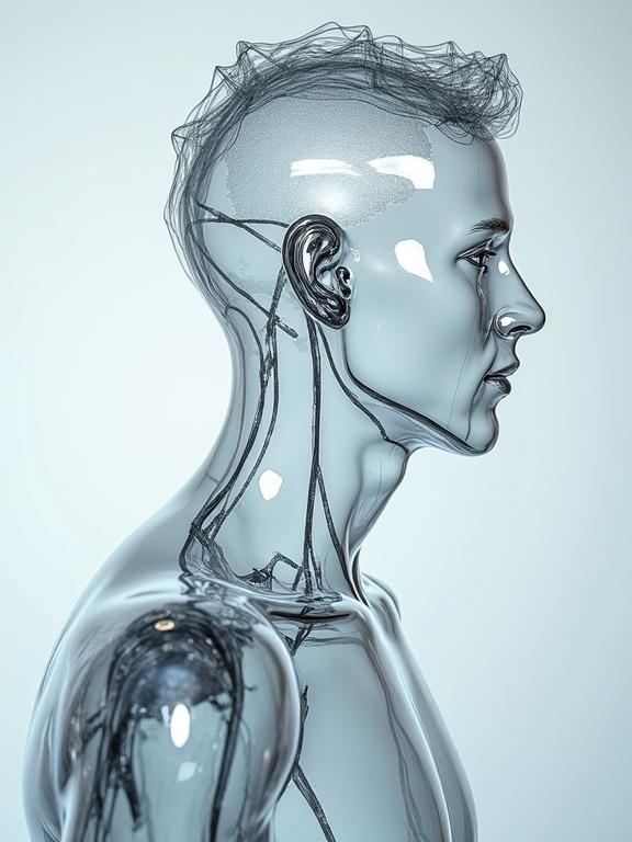 Image displays a side view of a transparent plastic male figure. The figure showcases detailed textures and structures, highlighting an anatomical model. The focus is on the body's outline with a light gray background.