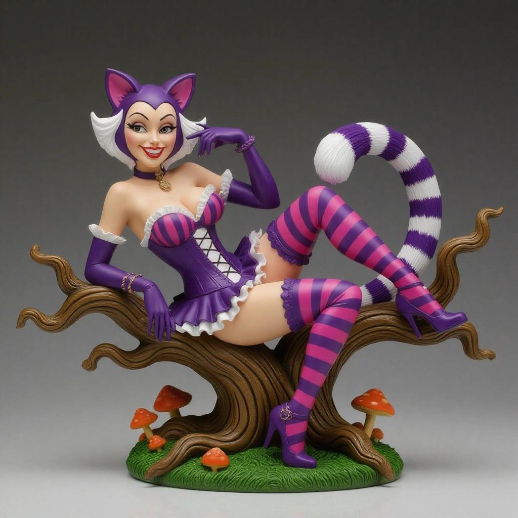 Highly detailed resin sculpture of a sensual feline woman inspired by the Cheshire Cat. She reclines on a twisted tree branch, one leg bent, the other stretched. Her sexy outfit features purple and pink stripes. She wears a corset, skirt, stockings, gloves, and heels. A furry cat tail curls behind her. She has cat ears and a charming face with feline details. The base includes branches and small details like playing cards, focusing on her figure.