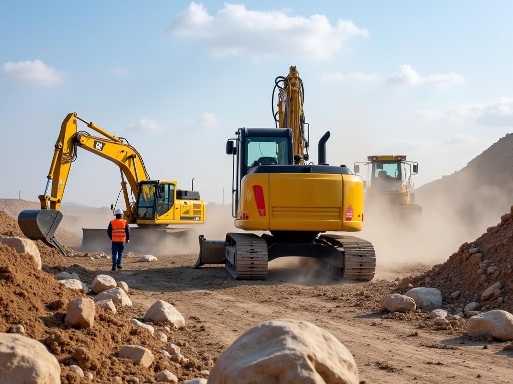 Construction site features large yellow excavator digging rocks. A person in high-visibility jacket stands by nearby bulldozer. Another excavator works in background. Scene is dusty with clear blue sky and few clouds. Image emphasizes heavy machinery scale and construction intensity.