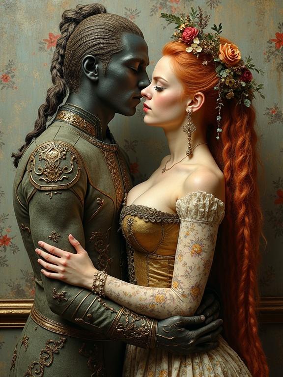 A masterpiece featuring a romantic embrace between a man and a woman. The man exudes a gentle strength while the woman embodies allure and elegance. The background is richly textured. The artwork showcases detailed costumes with a whimsical flair. It merges diverse artistic influences.