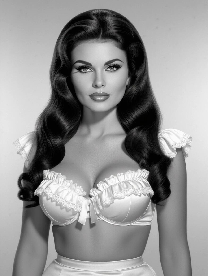 Black and white image of a woman with long brunette hair wearing a frilly Victorian bikini. Evocative makeup including perfect arched eyebrows and false eyelashes. Inspired by old photography style. Glamorous and elegant look.