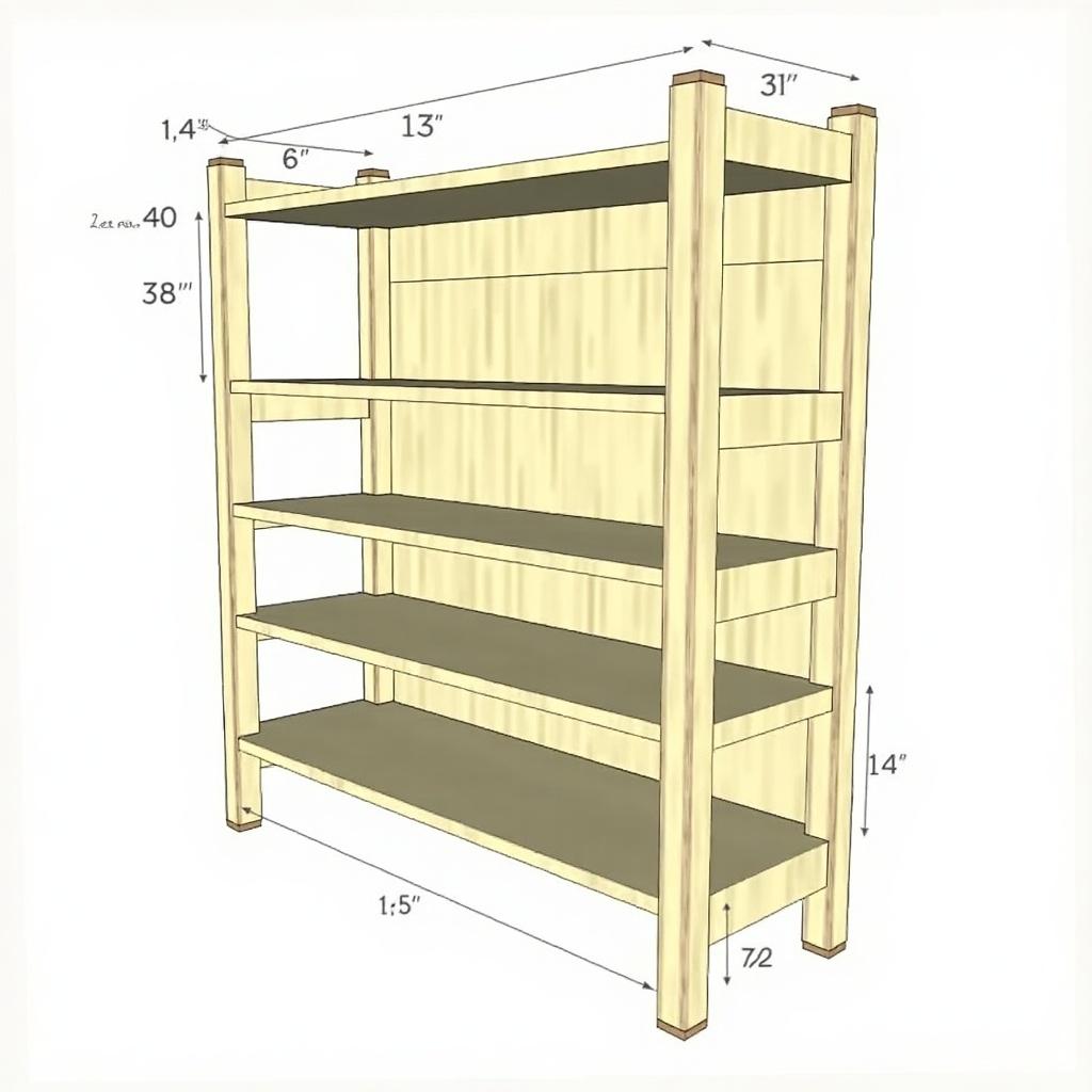 A detailed illustration of a wooden shelf with specified dimensions and joinery details. The design features eight uprights with varying heights, mortise and tenon joints, horizontal frame pieces, and adjustable shelves. The details include dimensions for each component and joinery methods for assembly.