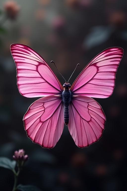 A butterfly in dark pink color with white accents is flying. The butterfly has intricate wing patterns featuring a blend of dark pink and white hues. Background is softly blurred to emphasize the butterfly.