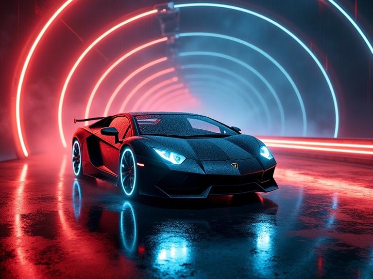 Futuristic black Lamborghini in a long tunnel at night. Gorgeous vibrant deep blue red orange yellow lighting effects. Laser light wheel rims. Sevenfold double-line laser light trail from the spinning back wheels. Strobe laser beam from front lights. Fog and rain effects. Ring-style spiral tunnel. Epic cinematic look.