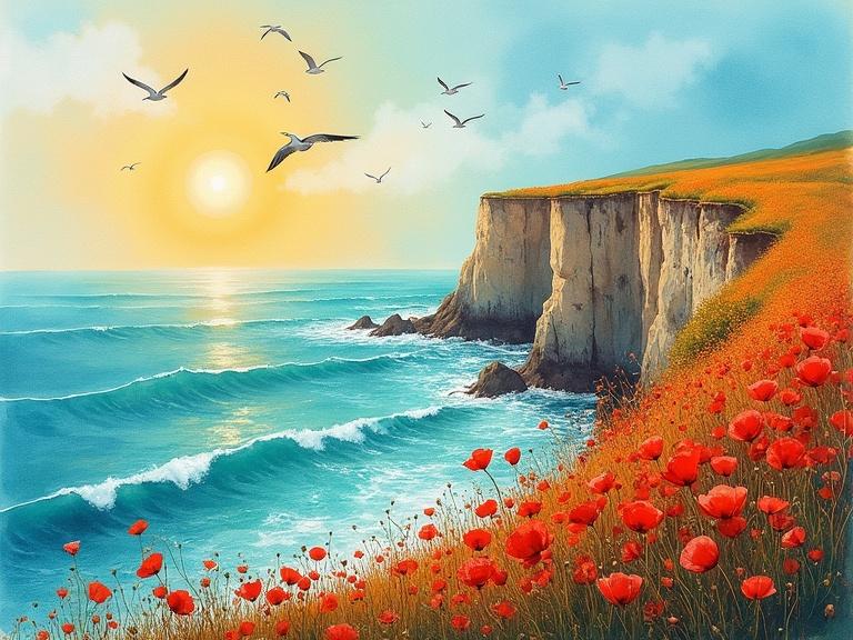 Watercolor depicting a sunlit seaside cliff in midsummer. Bright scarlet poppies sway in salty breezes. Seagulls fly overhead amidst turquoise waves. A serene scene reflecting nature's beauty and freedom.