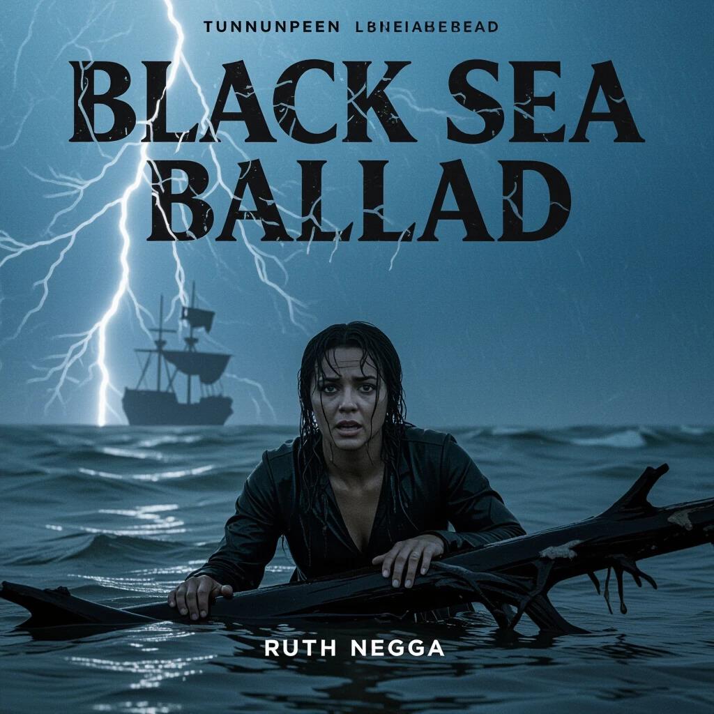 A movie poster for BLACK SEA BALLAD showcases the title in barnacle-encrusted bold serif. Ruth Negga is soaked and gasping while clinging to driftwood amid a storm. A ghost ship is silhouetted in the distance with lightning. The image features hyper-contrast and saltwater spray in the foreground.