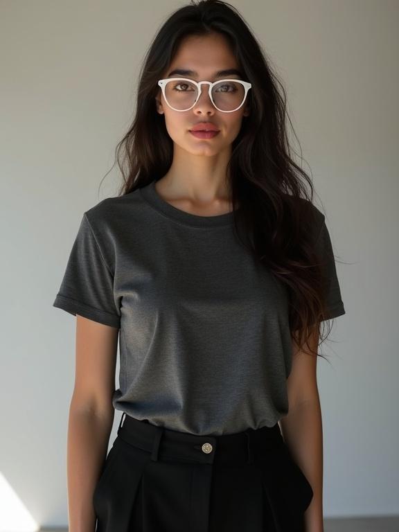 Young woman in a dark grey t-shirt and black trousers. She wears white round glasses. The setting is a shadowy white room. Long dark brown hair, rich red lips. Appears stylish and confident.