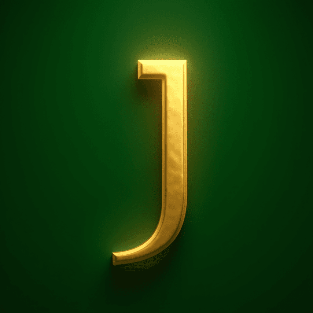 A glowing golden letter 'J' stands out against a dark green background.