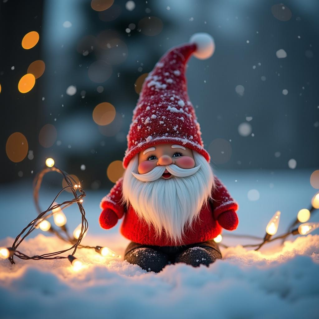 A gnome figure sitting in the snow. The setting is festive with Christmas lights around. The scene conveys a cozy holiday atmosphere.