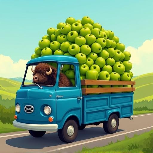 A blue truck drives on a road. A large stack of green apples fills the back. A buffalo is in the driver's seat. The background shows clear skies and rolling fields.
