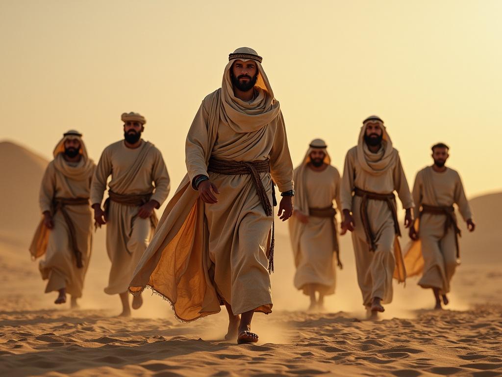 A group of men training in 1st century Arabian attire in a desert setting. They wear traditional robes and headdresses. The atmosphere captures the golden hour with dramatic light.