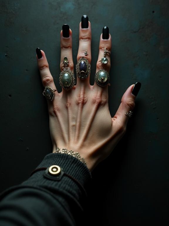 Close-up view of a hand with Art Nouveau-style rings and jewelry. Hand is reaching out from dark background. Textured dark surface enhances visual contrast. Light source highlights hand and jewelry features.