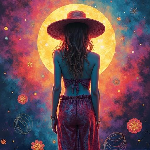 Psychedelic peace symbol with bright colors on a transparent background. Features a silhouette of a woman with a large hat in front of a glowing cosmic scene. Emphasizes retro and bohemian aesthetics.
