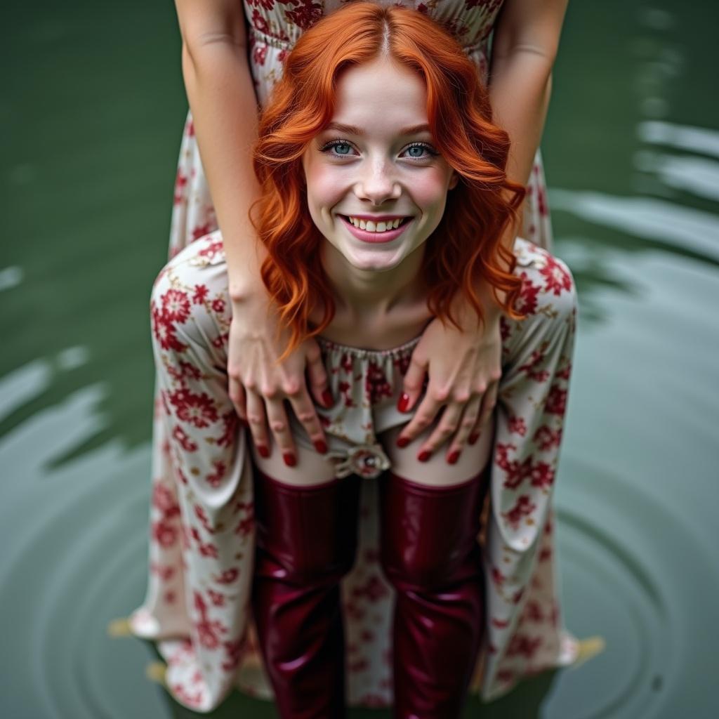 This image features a tall, smiling girl with stunning red hair and glistening blue eyes. She stands confidently in a lake, wearing a silky floral long dress paired with high heels and glossy burgundy thigh-high boots. Her hands are elegantly posed, showcasing dark red nail polish. The setting is serene, with gentle ripples in the water enhancing the tranquil vibe. The lighting creates a soft, inviting atmosphere, perfect for a fashion editorial. This close-up captures her joyful expression, making it a captivating visual piece.