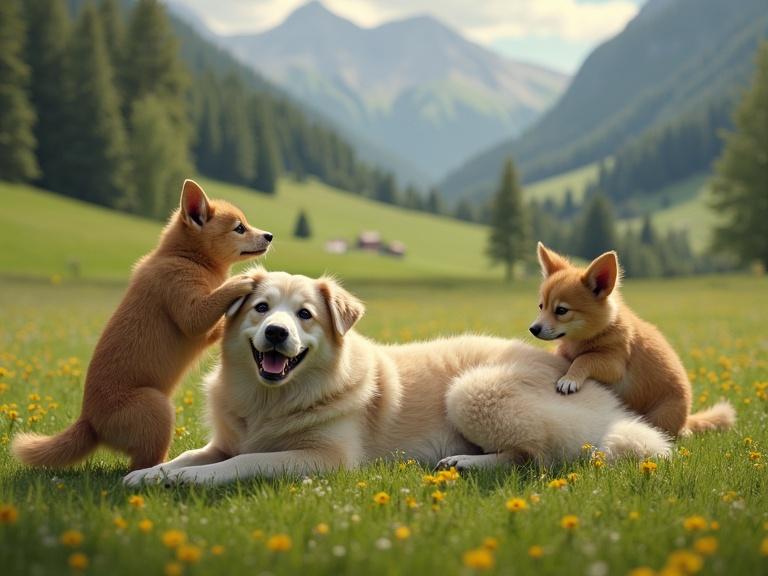 Happy big dog with a fluffy coat lies on its back. Small dogs give him a spa treatment on his belly. Set in a picturesque meadow in Switzerland. Hyper-realistic digital artwork with high detail.