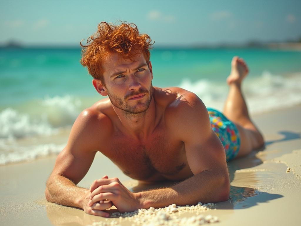 Red haired man on beach in speedo laying on sand. Sunny day with waves in background.