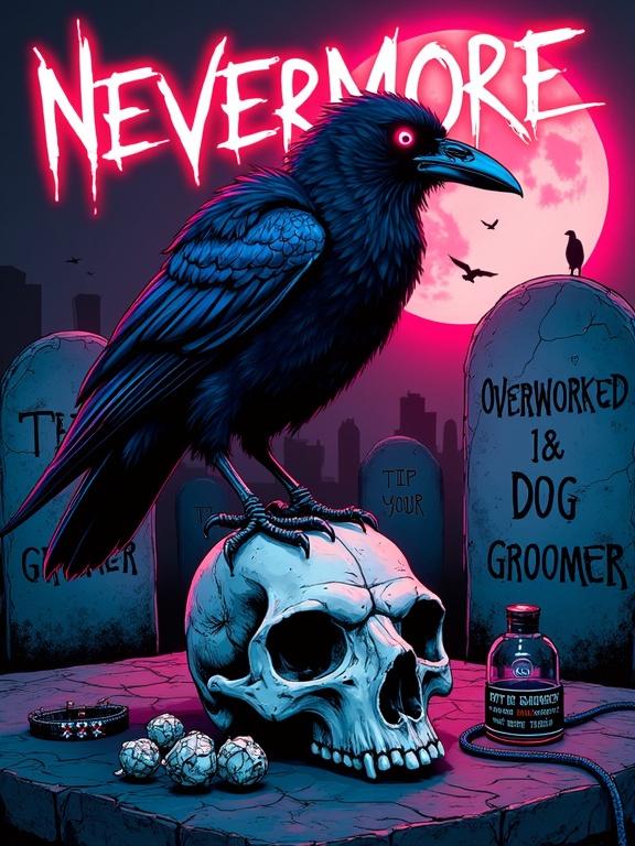 Illustration of a detailed gothic raven with neon red eyes. Raven stands on a detailed dog skull. Background features graffiti-style text 'NEVERMORE' in neon-red. Cracked tombstones show 'OVERWORKED DOG GROOMER'. Urban decay textures and high-contrast lighting. Ravens fly in the background towards a full moon. Includes leash on tombstone and spiked collar next to the skull. Crumpled dollar bills and an empty tip jar labeled 'TIP YOUR GROOMER'.